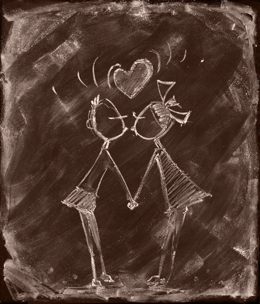 Genç çift öpücük. Kahverengi tahta çizim. Vintage — Stok fotoğraf