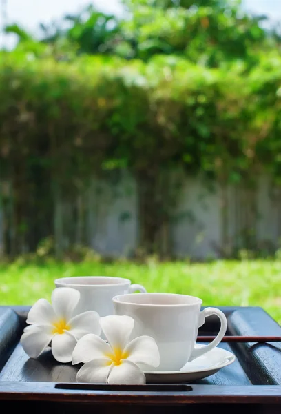 Deux tasses blanches fraîches boissons chaudes Plumeria fleurs — Photo