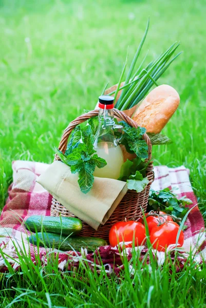 Piknik butelka bagietki zielonych warzywa surowe jedzenie — Zdjęcie stockowe