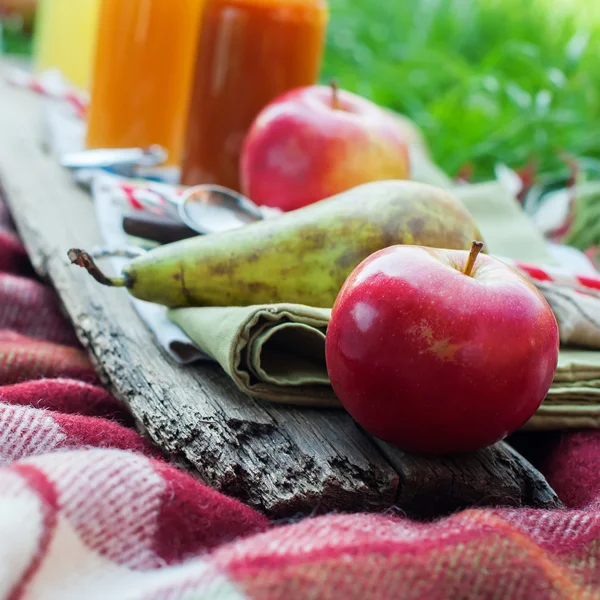 Fruits Apples Pear Juices Bottles on Picnic Plaid — Stock Photo, Image