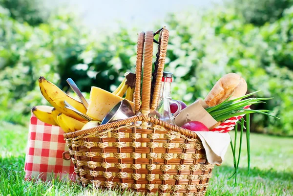 这儿，野餐篮子设置食品夏季时间 — 图库照片