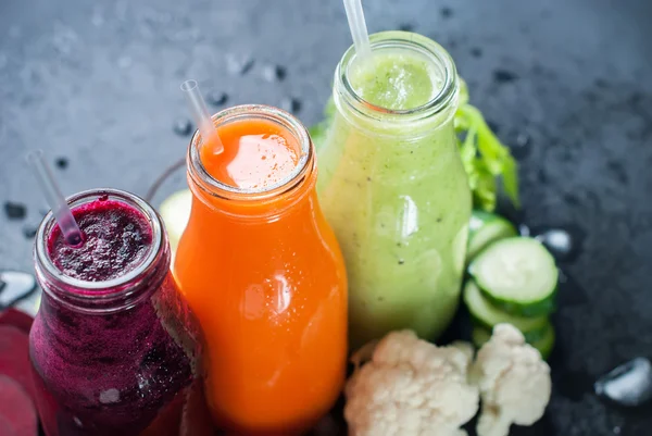 Fresh Juice Smoothie Color Vegetables Bottles — Stock Photo, Image