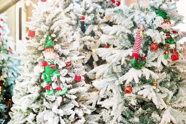 Julgranar Dekorerade Med Konstgjord Fluffig Snö Dvärgar Leksaker Bollar — Stockfoto