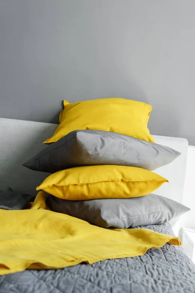 Color Pillows Illuminating Ultimate Gray Pile Bed Two Trendy 2021 Royalty Free Stock Photos