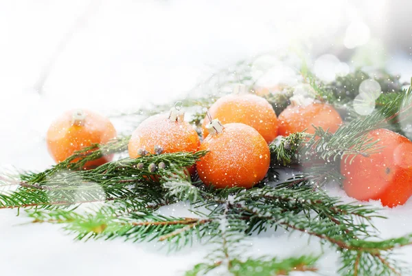Ferienkarte mit Mandarinen auf weißem Schnee — Stockfoto