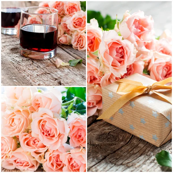 Set con Ramo de Rosas Rosadas y Dos Vasos de Vino Tinto —  Fotos de Stock