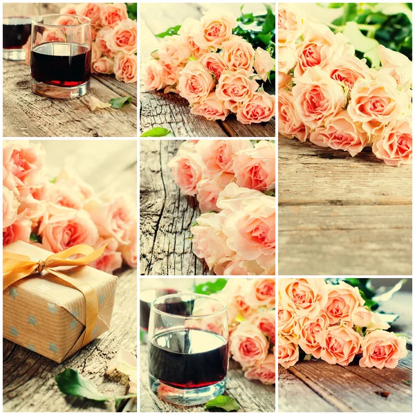 Set con rose rosa teneri, vino, confezione regalo, effetto tonico — Foto Stock
