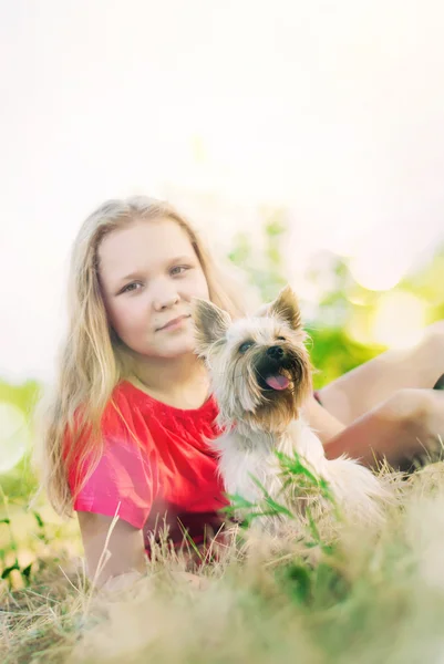 Petit chien et belle fille heureuse — Photo