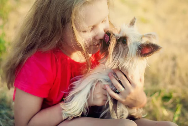 Bir kızın yüzü küçük köpek yalıyor — Stok fotoğraf