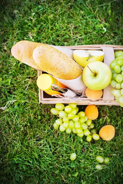 Picnic en Green Grass. Cesta con alimentos frescos — Foto de Stock