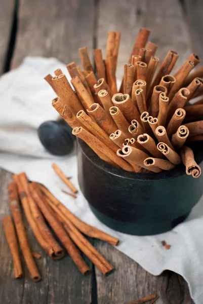 Brown Cinnamon Sticks in a Stone Mortar — Stock Photo, Image