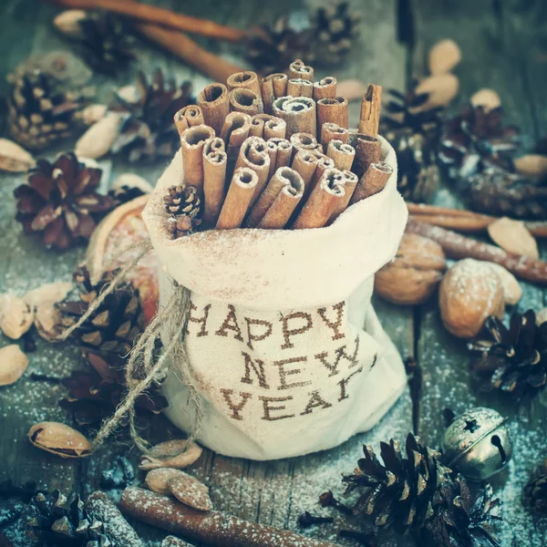 Linen Bag Embroidered Happy New Year with Sticks of Cinnamon and  other Christmas Ingredients