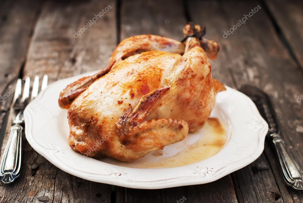Chicken Grill on Vintage Plate with Fork and Knife