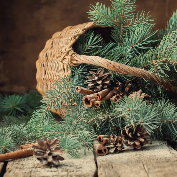 FIR Tree grenar i en rustik korg på trä — Stockfoto