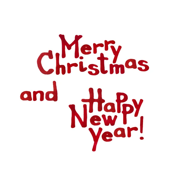 あいさつ文では、赤いマーカーでメリー クリスマスと新年の図面。手書き白で隔離 — ストック写真