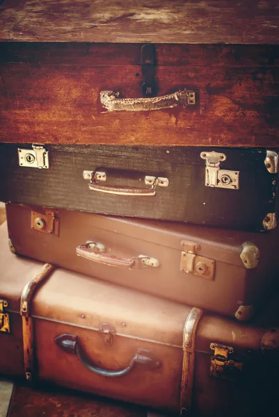 Old Antique Vintage Trunks in a Stack, Toned — Stockfoto