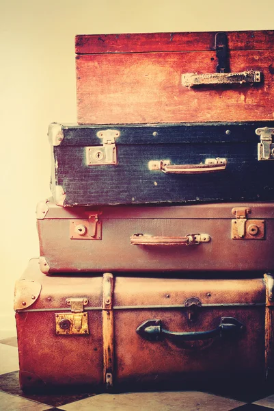 Stack of Old Antique Vintage Trunks. Toned — Zdjęcie stockowe