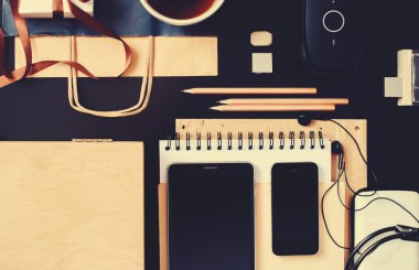 Set for Business Men with Accessories, Devices, Phone, Tablet, Earphones. Top view toned