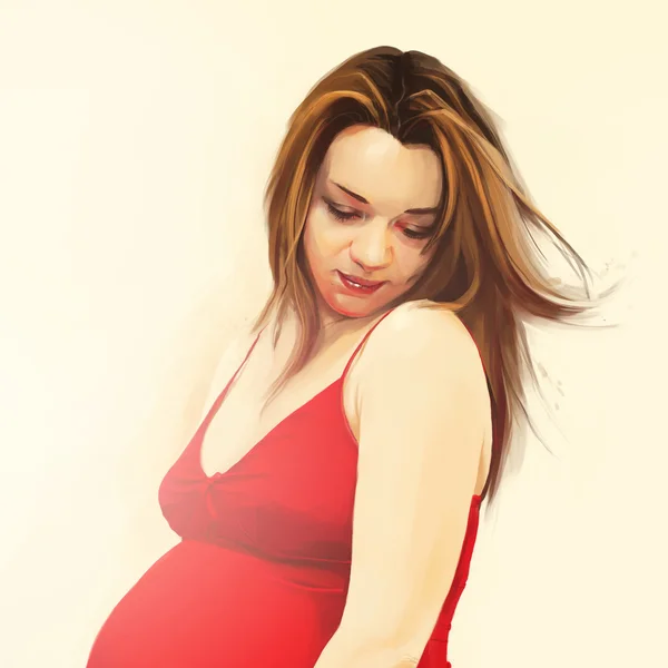 Portrait of Pregnant Woman in red. Digital art. Toned effect — Stok fotoğraf