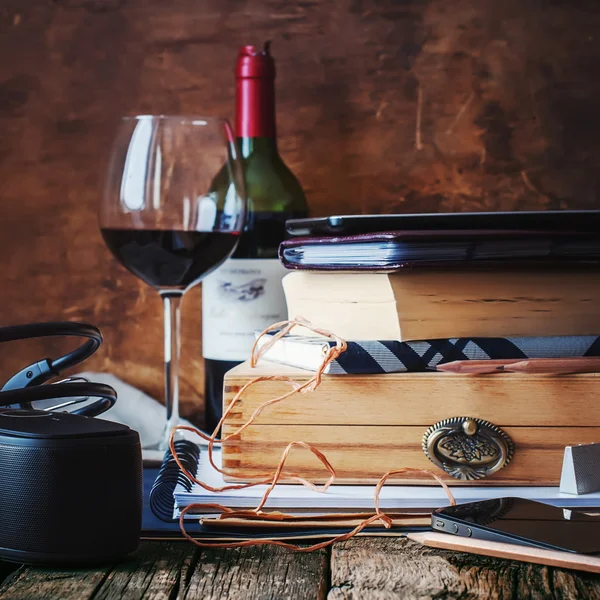 Memories in Men's Things with Different Accessories. Books, daily logs, wine, box and earphones — Stock fotografie