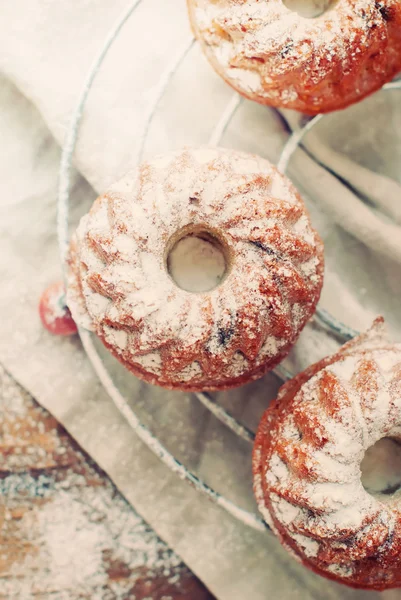 Small Baked Cakes Dusted with Icing Sugar. Toned image — Stok fotoğraf