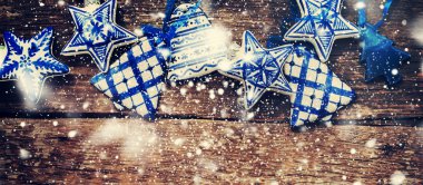 Ceramic Fir Tree Toys. Drawn Snow. Background for web design