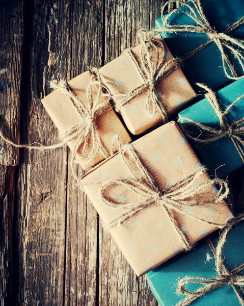 Festive Boxes with Linen Cord. Color Gifts. Toned — Stok fotoğraf