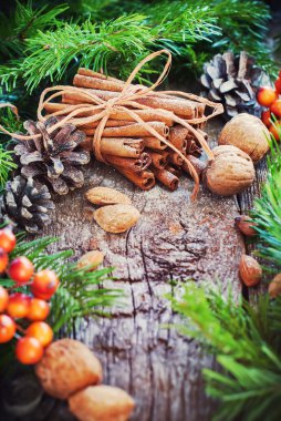 Noel kartı tarçın sopa, çam ağacı, doğal gıda