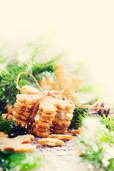 Une pile de biscuits au gingembre Des flocons de neige attachés par une corde. Neige dessinée — Photo