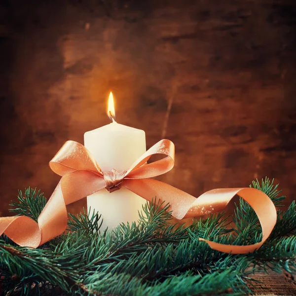 Christmas Light from Candle with Bow, Coniferous — Stock Photo, Image