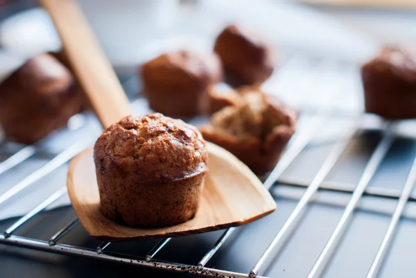 Tiny Banana Cupcakes on Metal Lattice. Toned — Stock Photo, Image