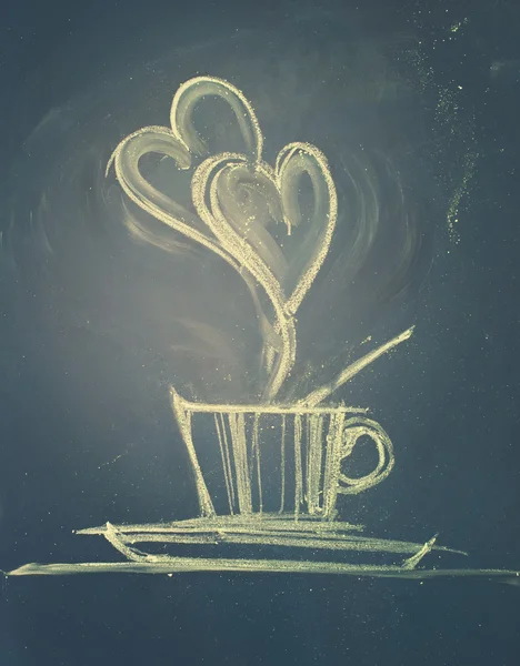Morgonkaffe. Kopp med ånga i form av hjärtan. Skiss — Stockfoto