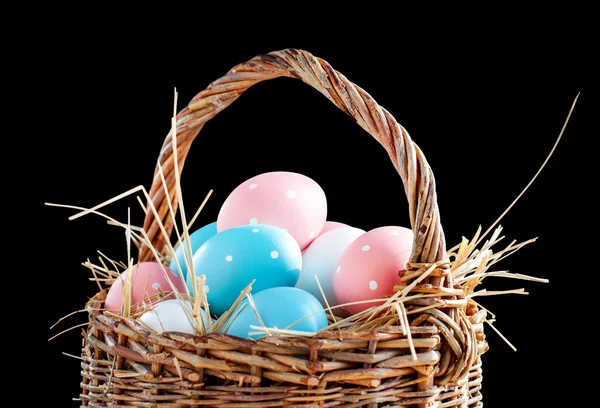 Basket Easter Eggs Painted Pink Blue Peas Isolated Black — Stock Photo, Image