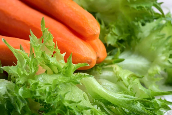 Zanahorias peladas crudas y lechuga — Foto de Stock