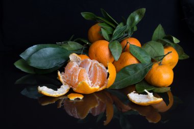 Mandarin veya mandalina ile yaprakları ve siyah misketi şubeleri