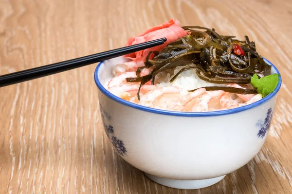 Shrimp with ricer and soy sauce — Stock Photo, Image