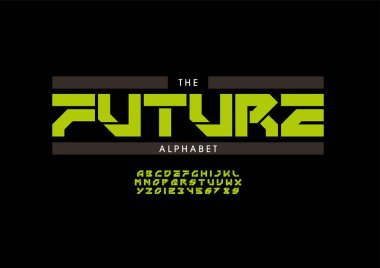 Biçimlendirilmiş gelecek alfabesi, yazı tipi, vektör illüstrasyonu     