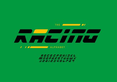 Biçimli yarış alfabesi, yazı tipi, vektör illüstrasyonu     