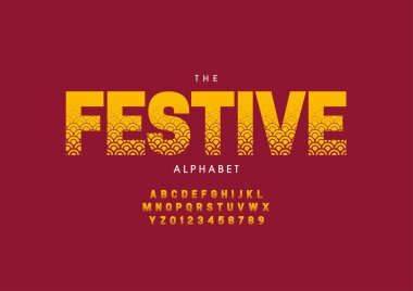 Biçimlendirilmiş festival alfabesi, yazı tipi, vektör illüstrasyonu  
