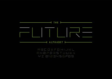 Biçimlendirilmiş gelecek alfabesi, yazı tipi, vektör illüstrasyonu  