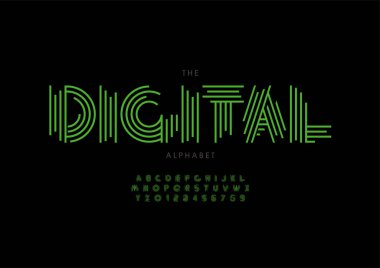Biçimlendirilmiş dijital alfabe, yazı tipi, vektör illüstrasyonu          