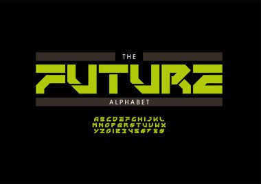 Biçimlendirilmiş gelecek alfabesi, yazı tipi, vektör illüstrasyonu          