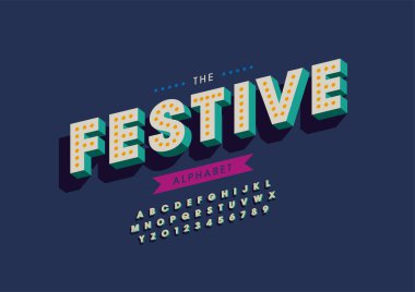 Biçimlendirilmiş festival alfabesi, yazı tipi, vektör illüstrasyonu          