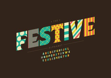 Biçimlendirilmiş festival alfabesi, yazı tipi, vektör illüstrasyonu          