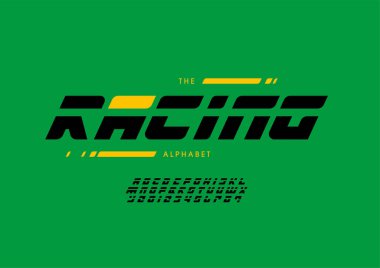 Biçimli yarış alfabesi, yazı tipi, vektör illüstrasyonu          