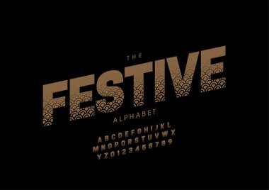 Biçimlendirilmiş festival alfabesi, yazı tipi, vektör illüstrasyonu        
