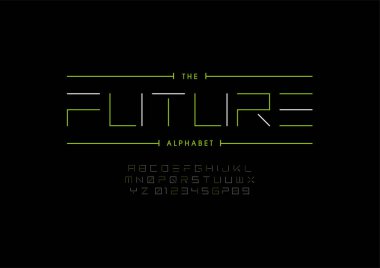 Biçimlendirilmiş gelecek alfabesi, yazı tipi, vektör illüstrasyonu        