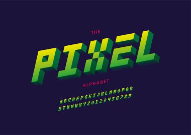 Biçimlendirilmiş piksel alfabesi, yazı tipi, vektör illüstrasyonu       