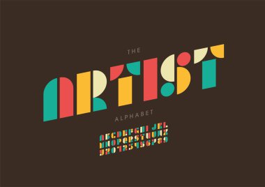 Biçimli sanatçı alfabesi, yazı tipi, vektör illüstrasyonu       