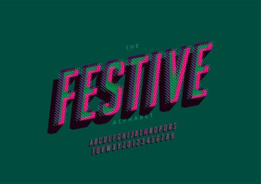Biçimlendirilmiş festival alfabesi, yazı tipi, vektör illüstrasyonu      